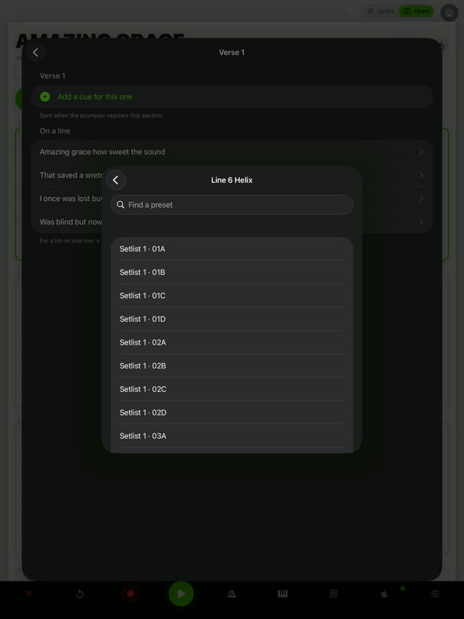 QMe preset list for a Line 6 Helix showing Setlist 1 01A to 03A