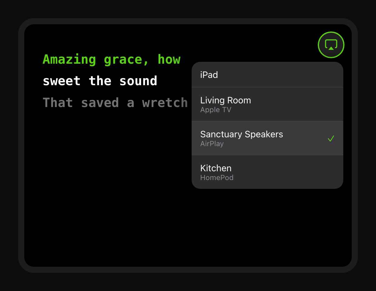 The AirPlay button in the corner of a QMe song, with a list of speakers to send the music to