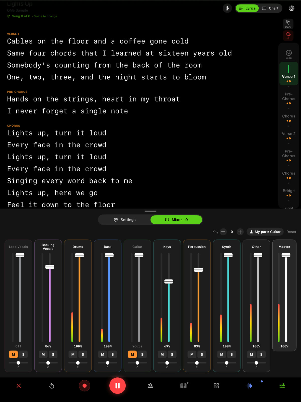 QMe on iPad playing Lights Up: the lyrics scroll above a mixer with a fader for each part of the song, live meters, a master fader, and My part set to Guitar