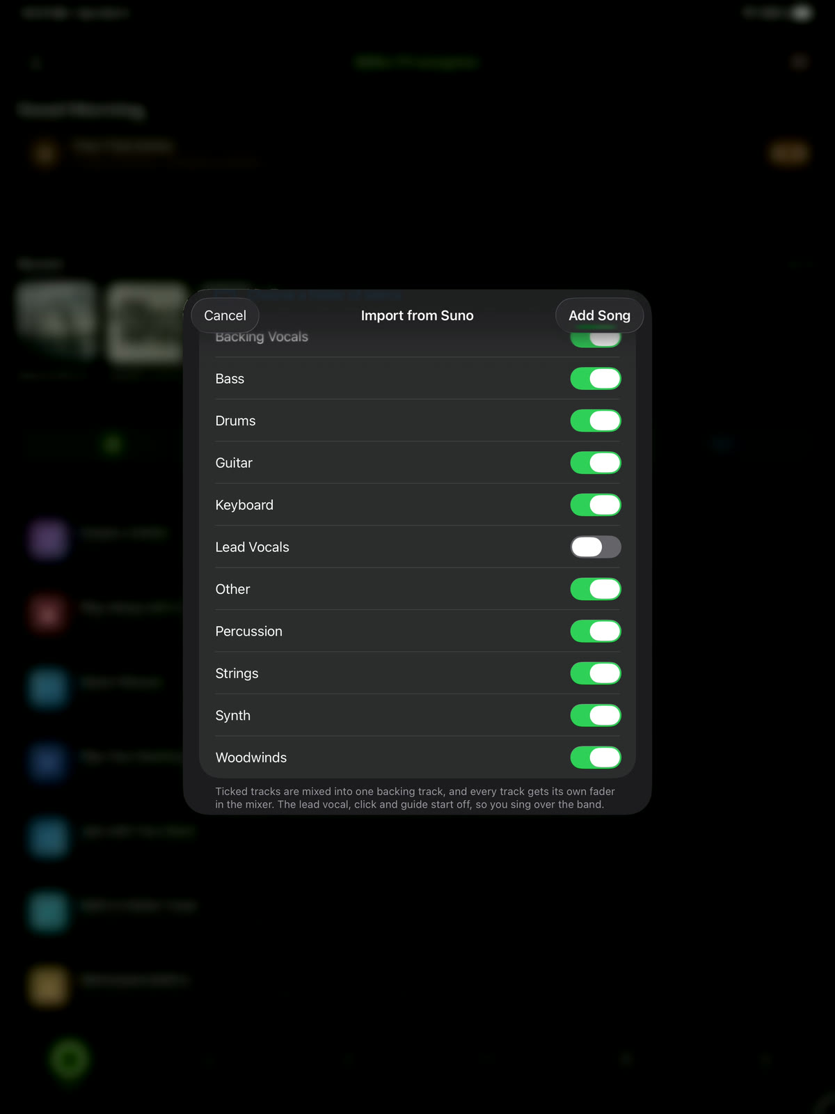 The Import from Suno screen on iPad: a list of stems with switches, every part on except Lead Vocals