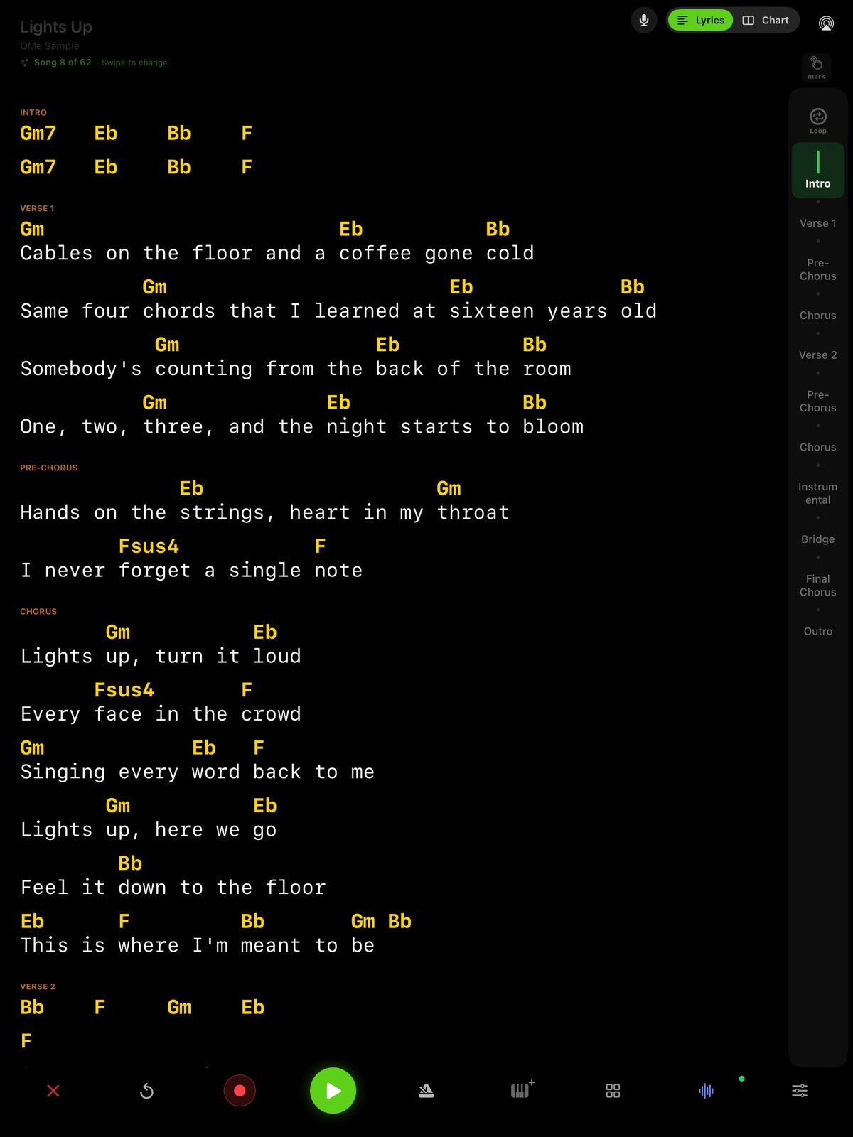 QMe on iPad: the sample song Lights Up with chords written over every line, including the intro bars
