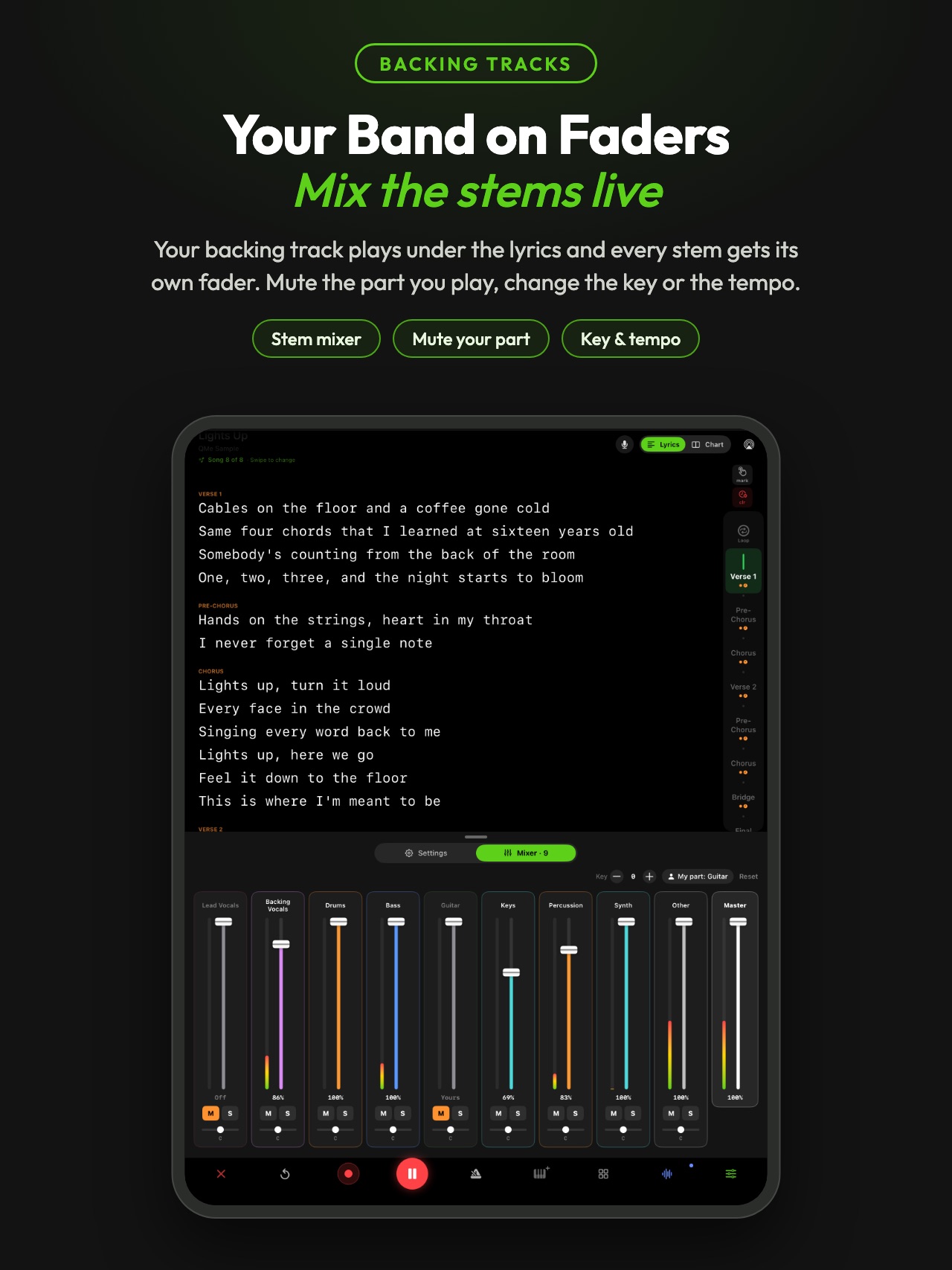 Backing tracks with a stem mixer docked under the scrolling lyrics