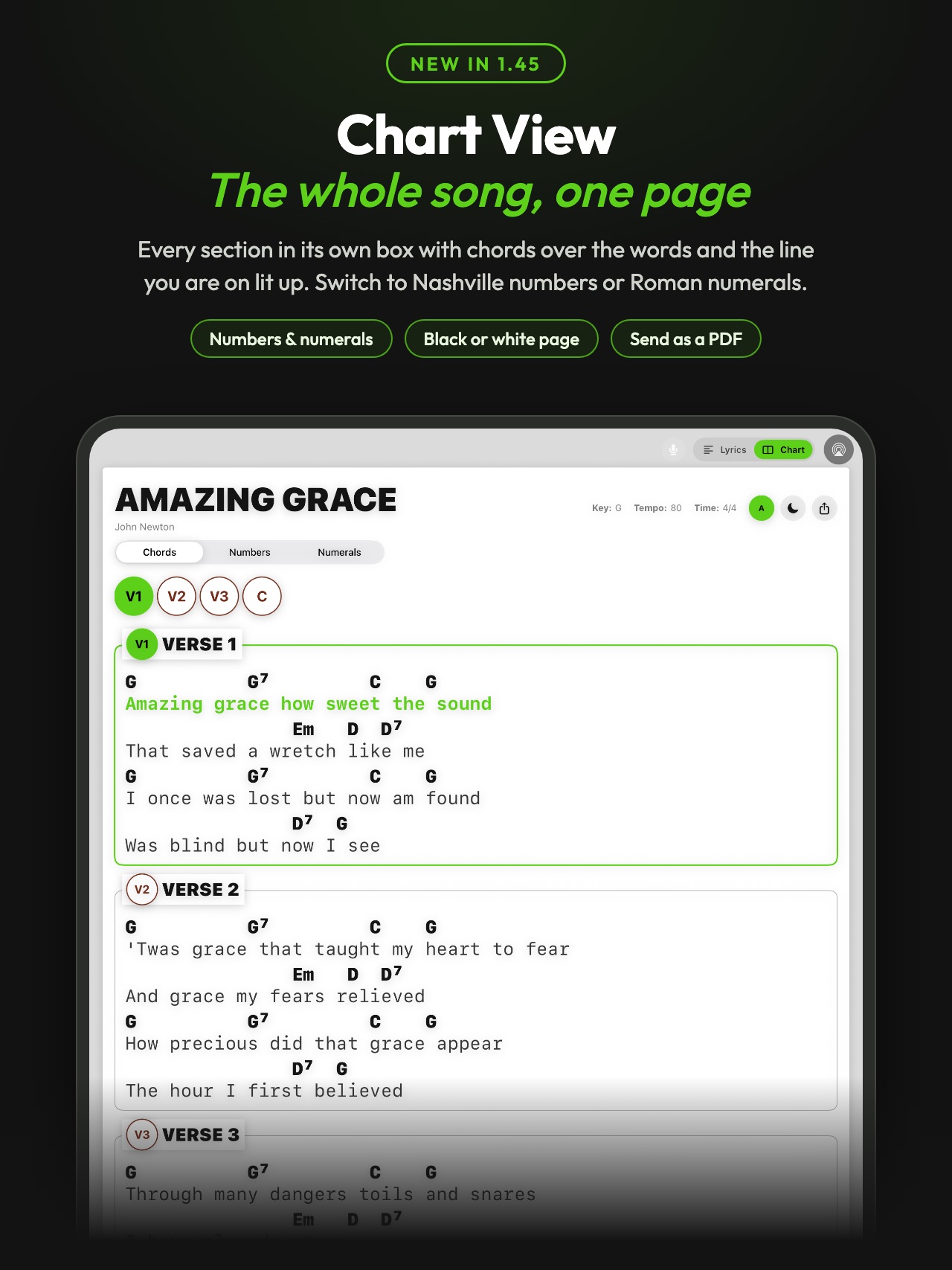 Chart view: the whole song on one page, chords over the words, with Nashville numbers and Roman numerals