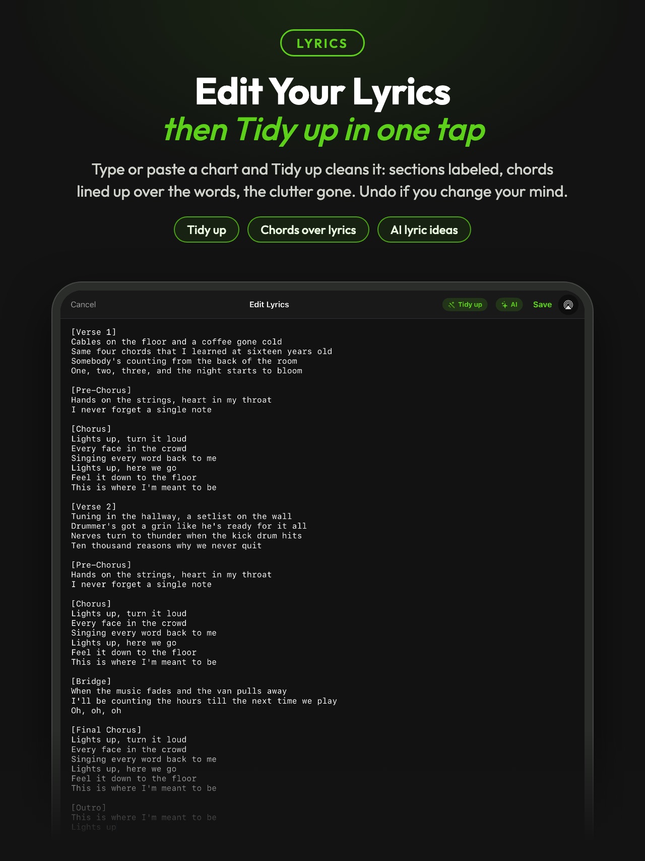 Edit lyrics and clean up a chart with Tidy up