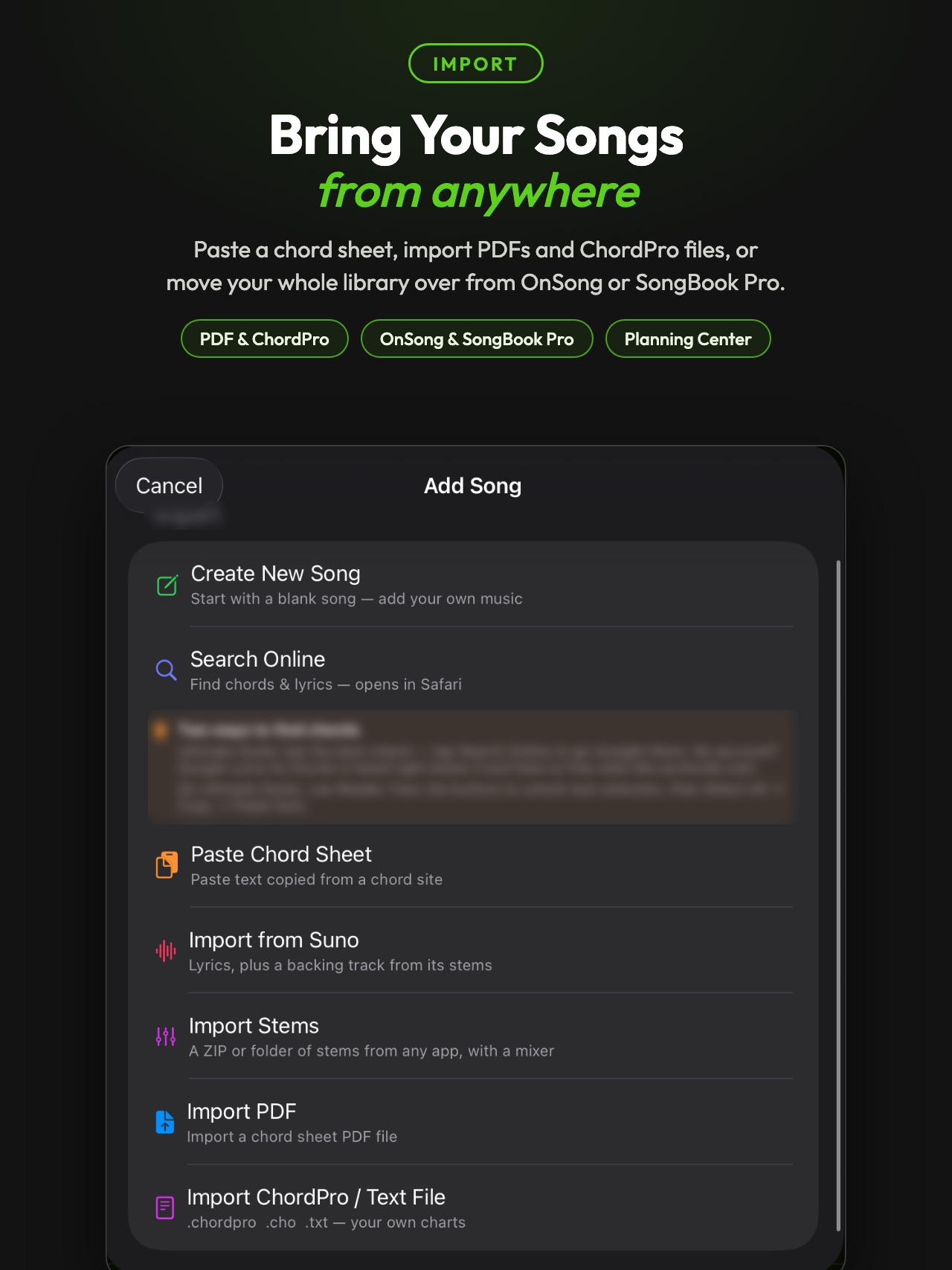 Import songs from PDF, ChordPro, a pasted chord sheet, Suno or stems