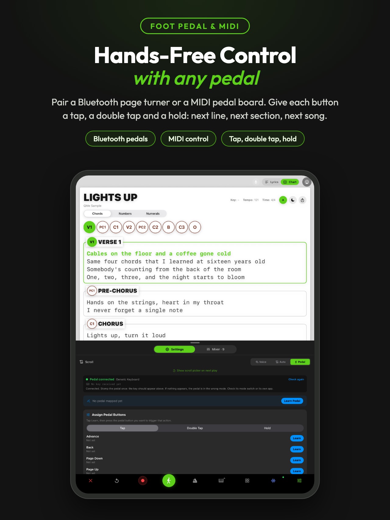 Foot pedal and MIDI control with tap, double tap and hold