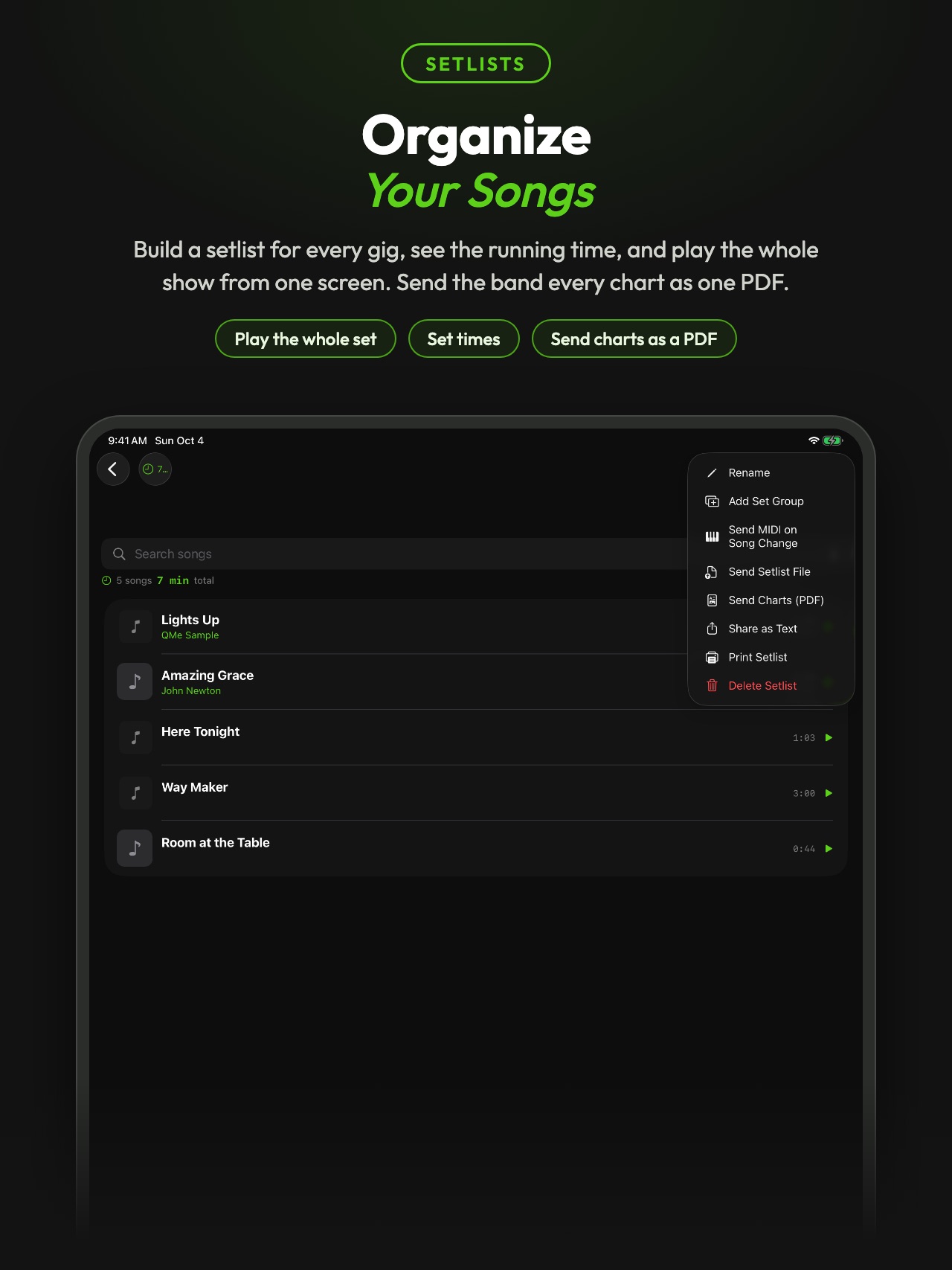 A setlist with running time and Send Charts as a PDF