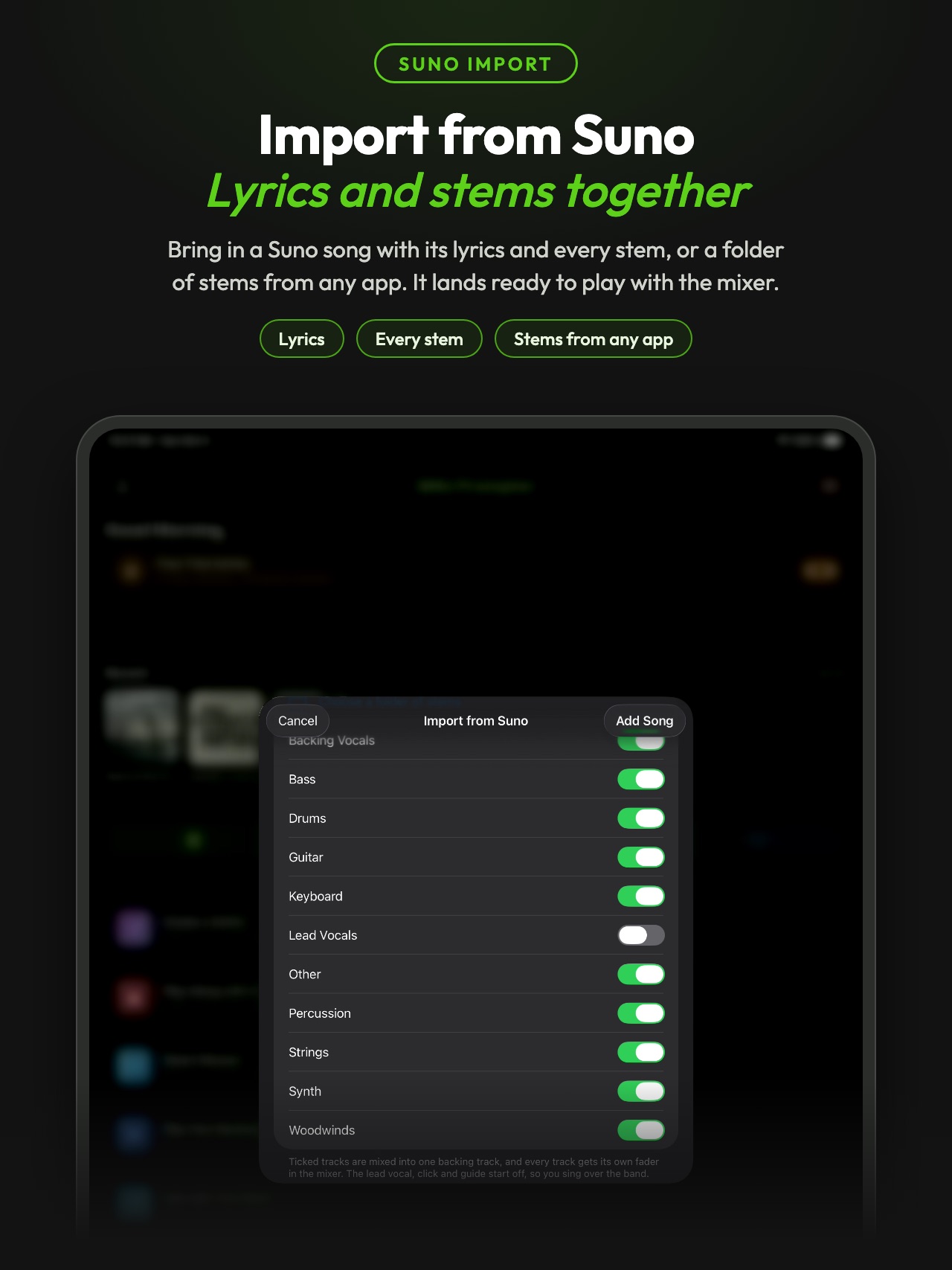 Import a Suno song with its lyrics and every stem