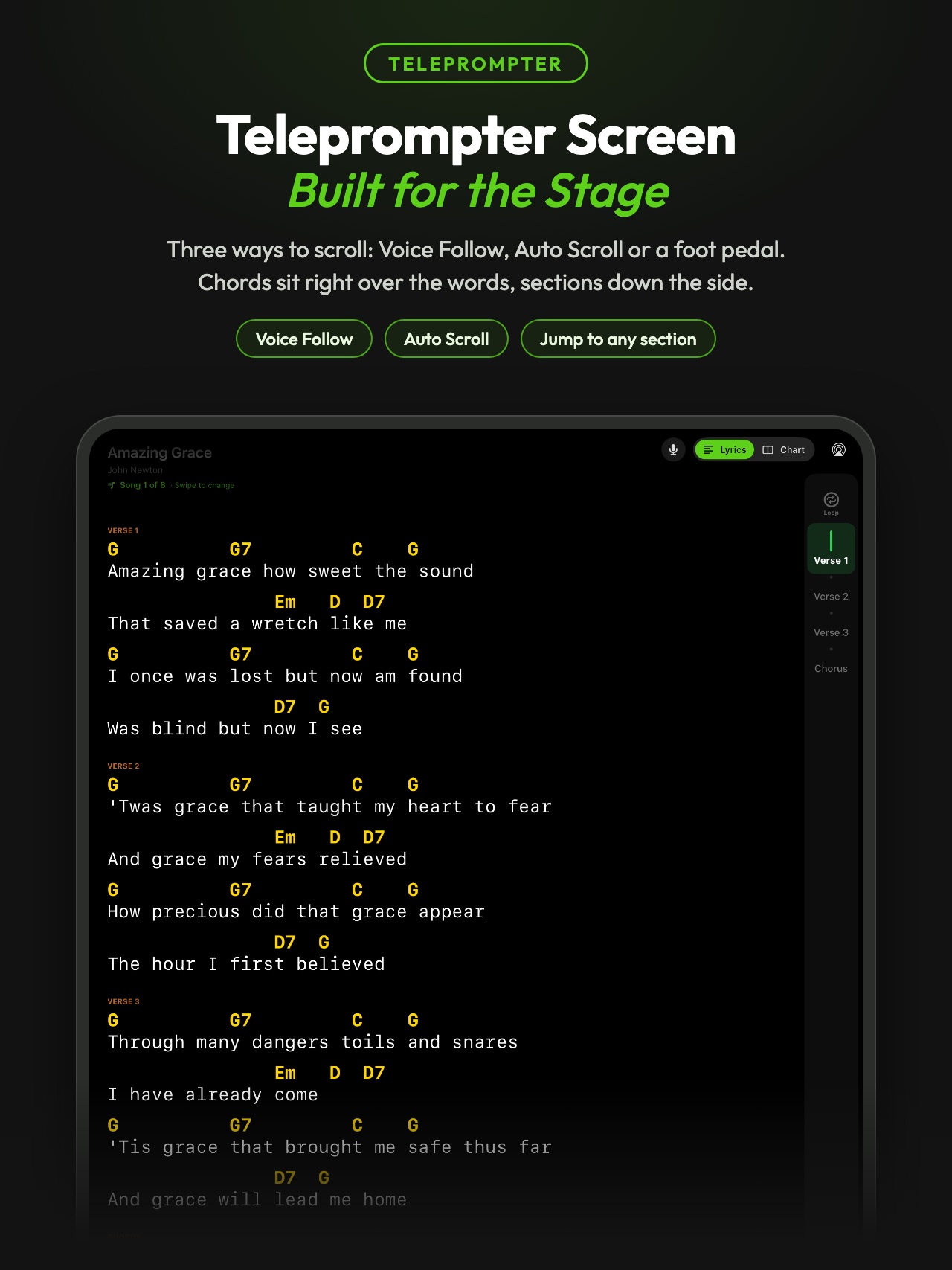 QMe teleprompter screen with chords over the lyrics and sections down the side