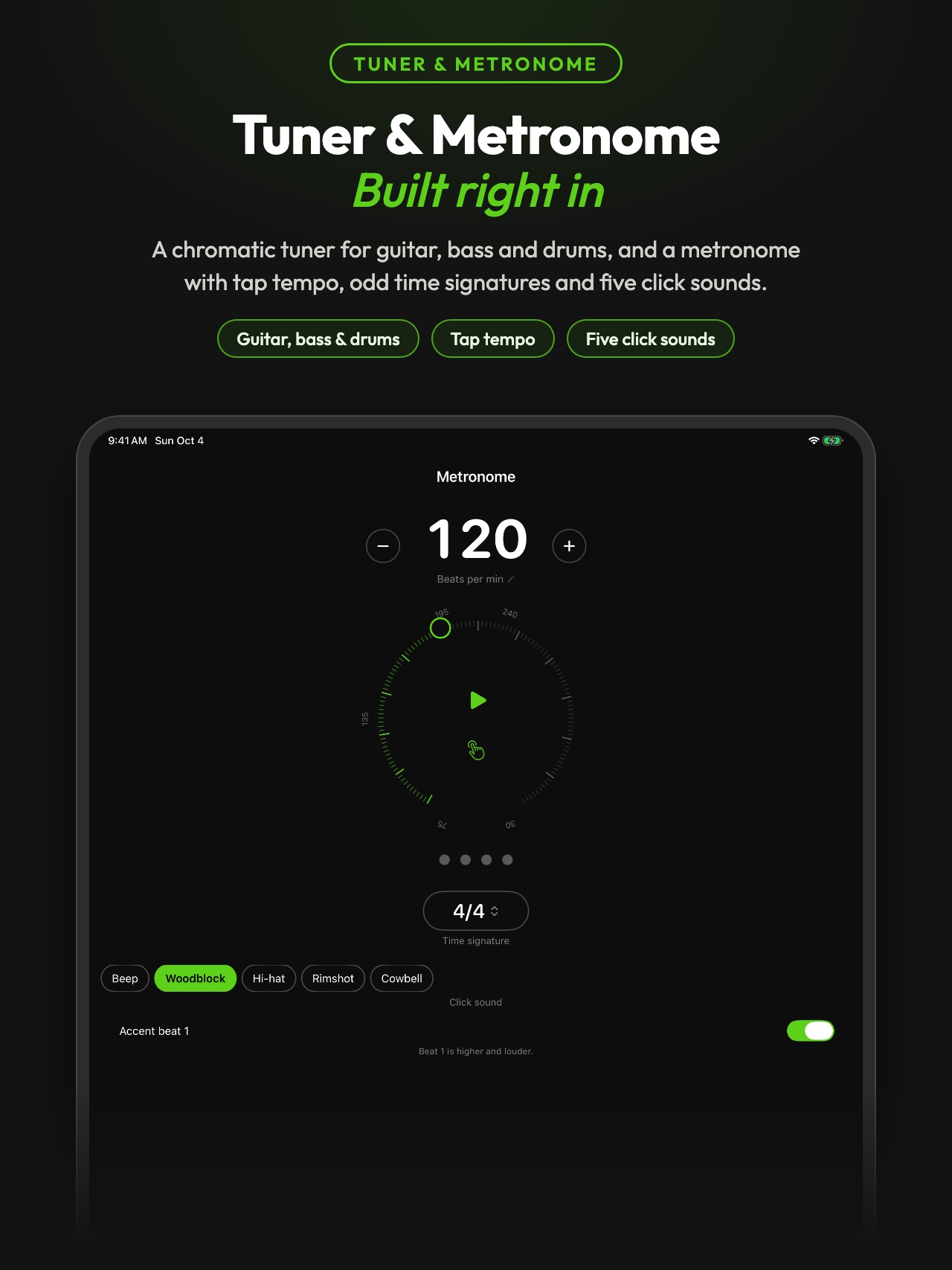 Built-in tuner and metronome